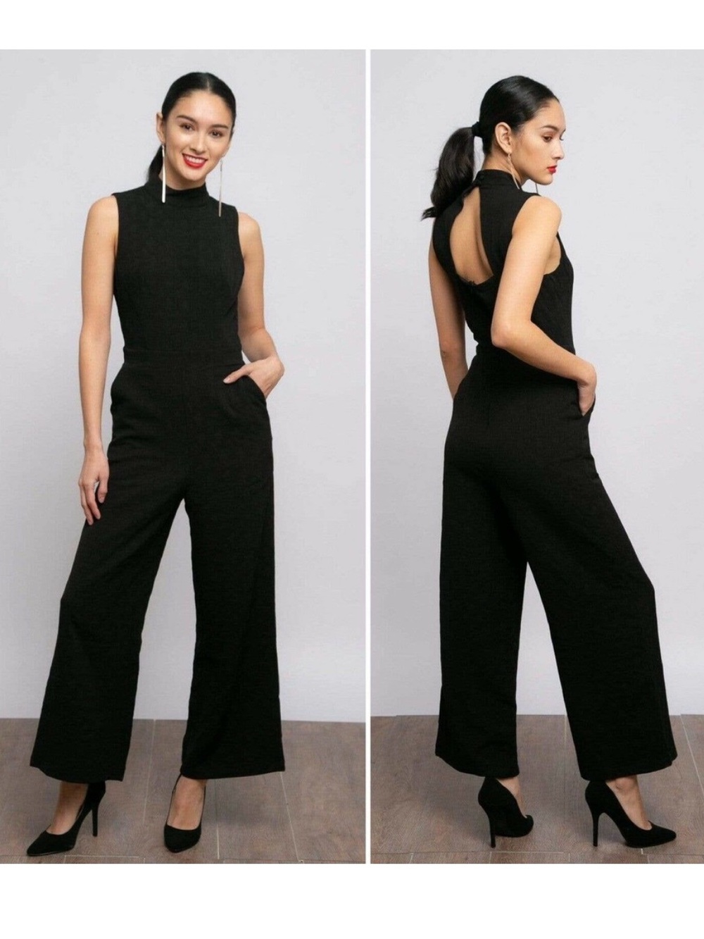 NEW Anthropologie Eva Franco Charley Mock Neck Jumpsuit Sz XS Black Wide Leg NWT